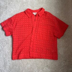 Marled Pink/ Red Eyelet Short Sleeve Button up Top- Sz L